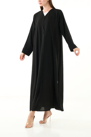 Black Claire Crepe Custom Abaya with Klosh Cut and Minimal Beadwork