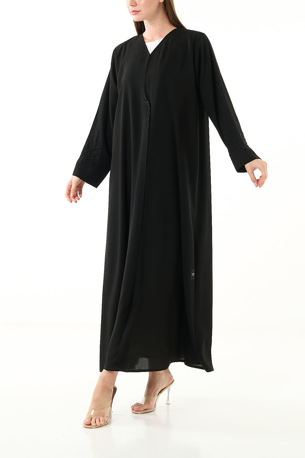 Black Claire Crepe Custom Abaya with Klosh Cut and Minimal Beadwork