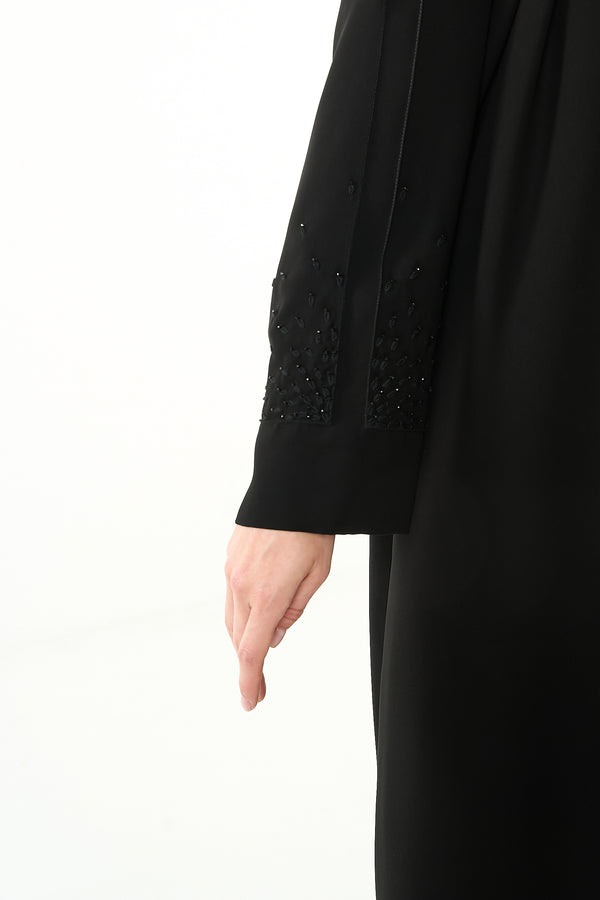 Black Claire Crepe Custom Abaya with Klosh Cut and Minimal Beadwork