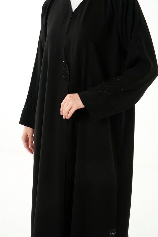 Black Claire Crepe Custom Abaya with Klosh Cut and Minimal Beadwork