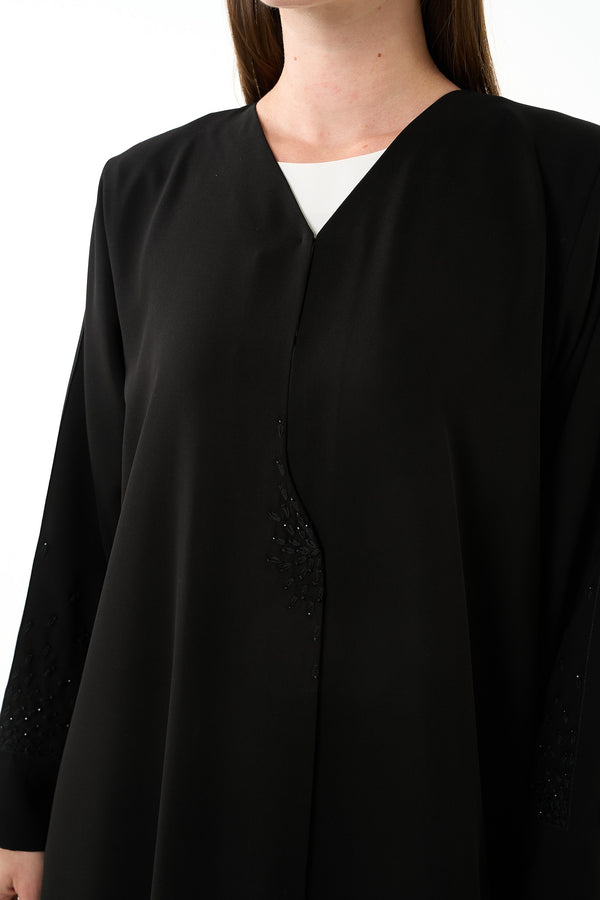 Black Claire Crepe Custom Abaya with Klosh Cut and Minimal Beadwork