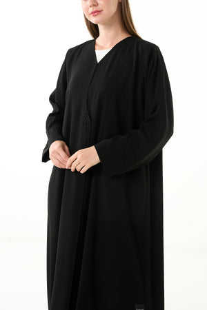 Black Claire Crepe Custom Abaya with Klosh Cut and Minimal Beadwork