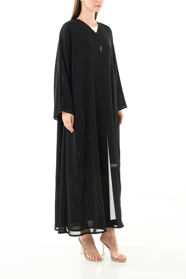 Black Malika Chiffon Custom  Abaya with Katka Beadwork and Layered Hem Detail