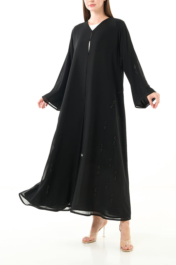 Black Malika Chiffon Custom  Abaya with Katka Beadwork and Layered Hem Detail