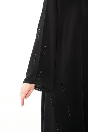 Black Malika Chiffon Custom  Abaya with Katka Beadwork and Layered Hem Detail