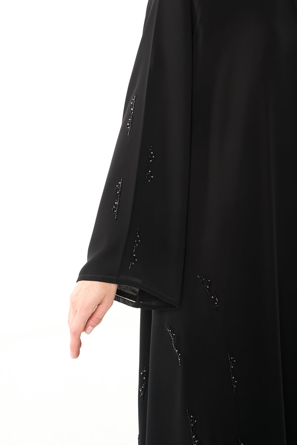 Black Malika Chiffon Custom  Abaya with Katka Beadwork and Layered Hem Detail