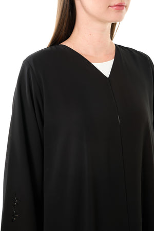 Black Malika Chiffon Custom  Abaya with Katka Beadwork and Layered Hem Detail