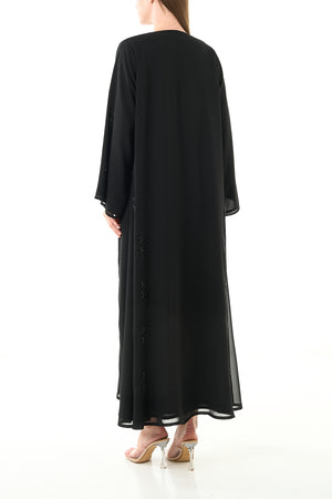 Black Malika Chiffon Custom  Abaya with Katka Beadwork and Layered Hem Detail