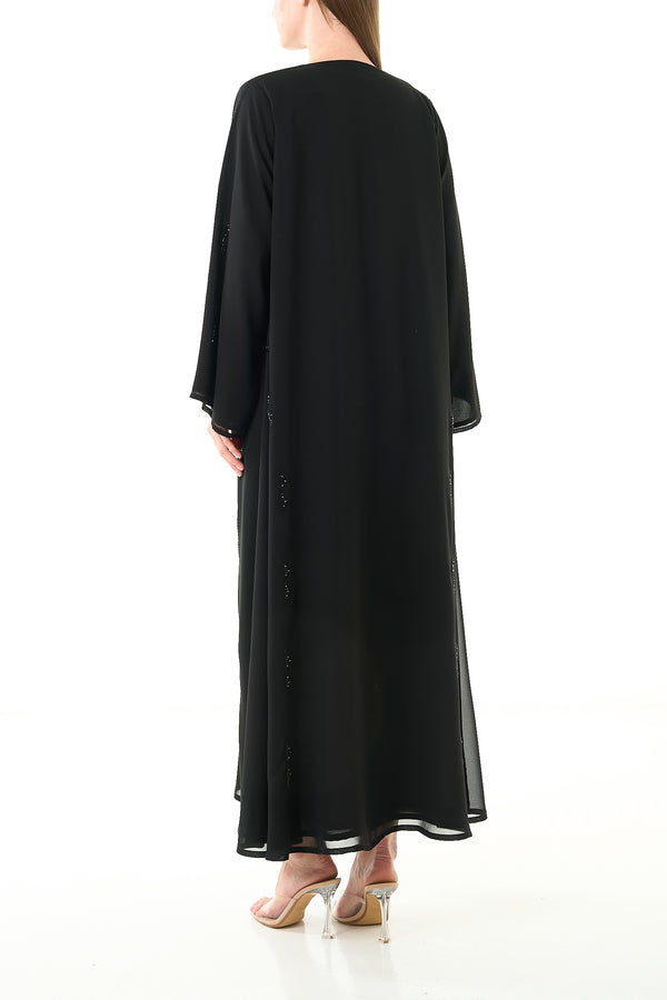Black Malika Chiffon Custom  Abaya with Katka Beadwork and Layered Hem Detail