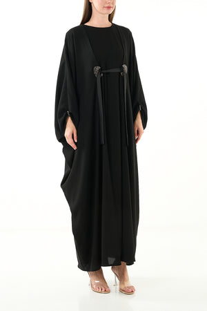 Black Claire Crepe Custom Abaya with Gathered Front Panels and Crystal Bead Detail