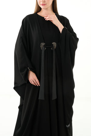 Black Claire Crepe Custom Abaya with Gathered Front Panels and Crystal Bead Detail