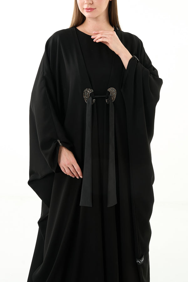 Black Claire Crepe Custom Abaya with Gathered Front Panels and Crystal Bead Detail