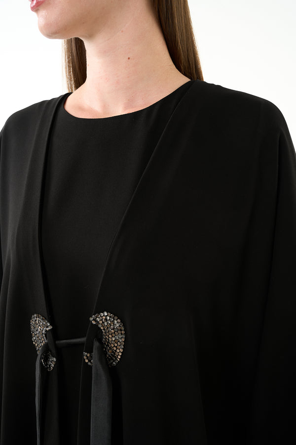 Black Claire Crepe Custom Abaya with Gathered Front Panels and Crystal Bead Detail