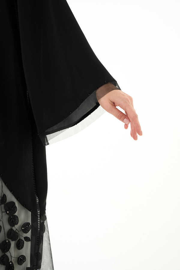 Black Royal Nada Custom Abaya, Side Lacework with Crystal Beads