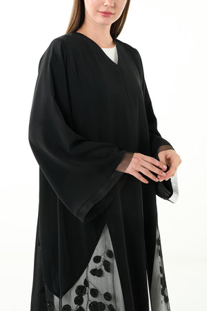 Black Royal Nada Custom Abaya, Side Lacework with Crystal Beads