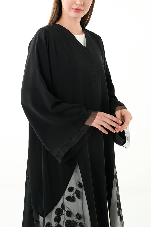 Black Royal Nada Custom Abaya, Side Lacework with Crystal Beads
