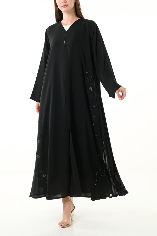 Black Royal Nada Custom Abaya, Side Beadwork with Pleated Panels