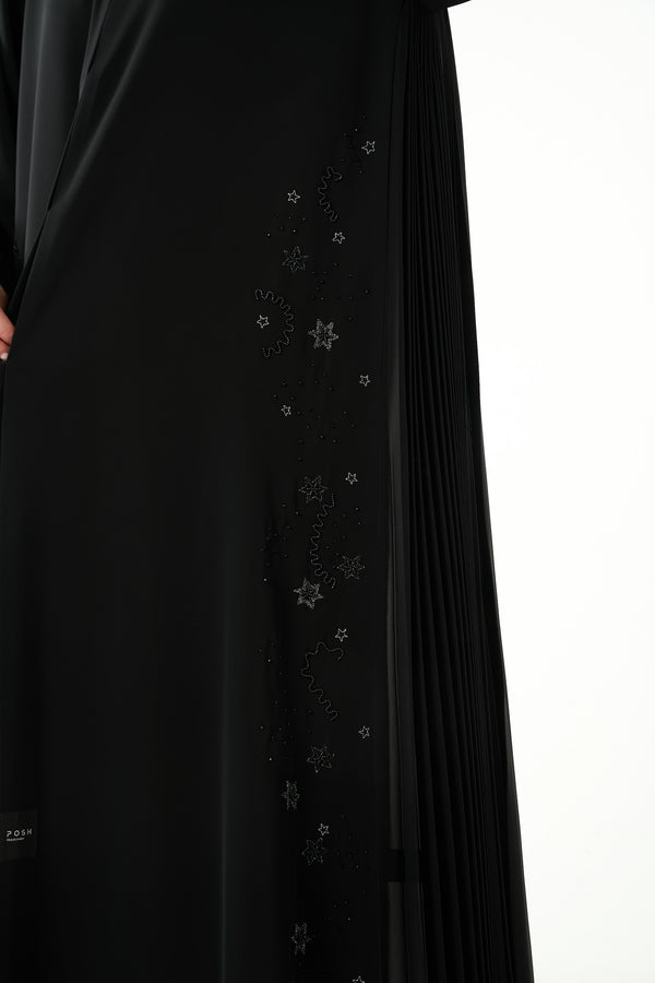 Black Royal Nada Custom Abaya, Side Beadwork with Pleated Panels