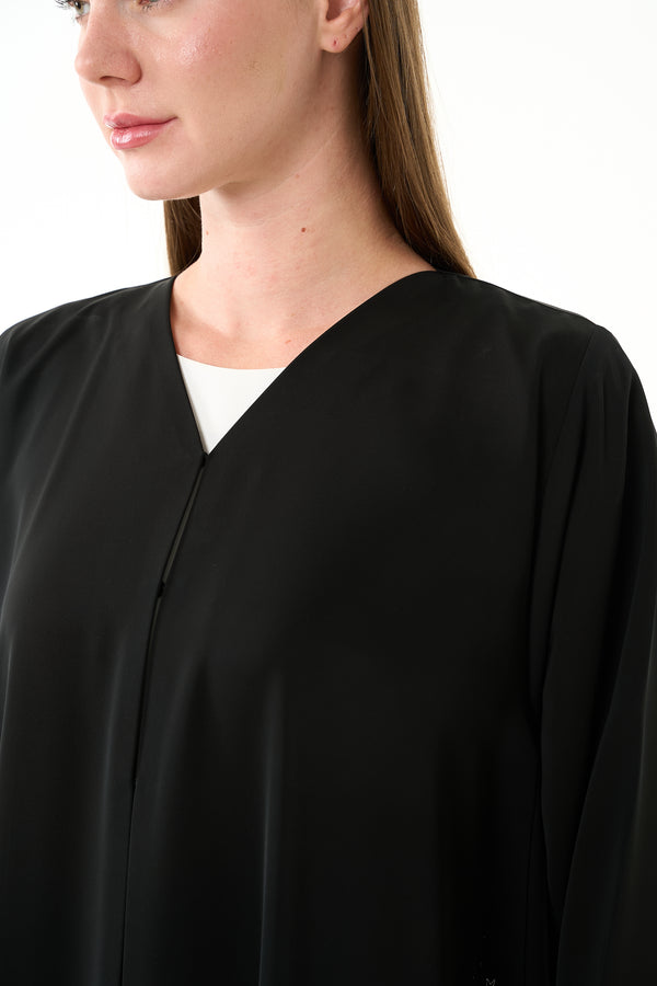 Black Royal Nada Custom Abaya, Side Beadwork with Pleated Panels