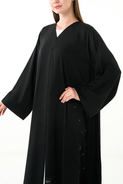 Black Royal Nada Custom Abaya, Side Beadwork with Pleated Panels