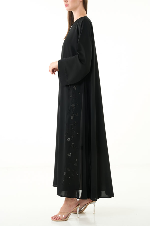 Black Royal Nada Custom Abaya, Side Beadwork with Pleated Panels