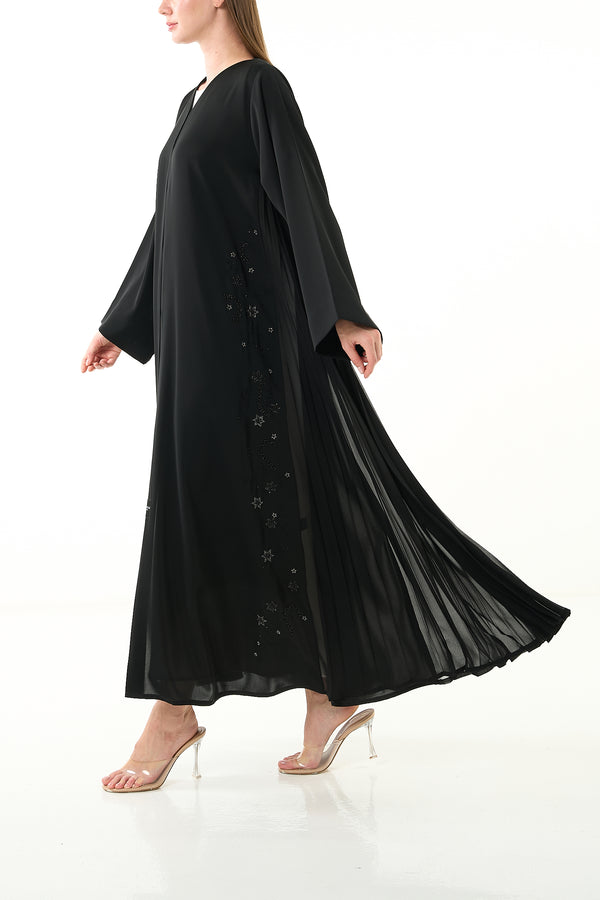 Black Royal Nada Abaya with Beadwork and Side Pleated Chiffon