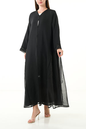 Black Sada Organza Custom Abaya with Lace Detail and Front Bead Embellishment