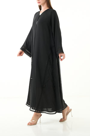 Black Sada Organza Custom Abaya with Lace Detail and Front Bead Embellishment