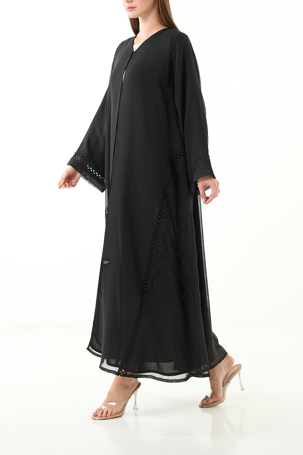 Black Sada Organza Custom Abaya with Lace Detail and Front Bead Embellishment
