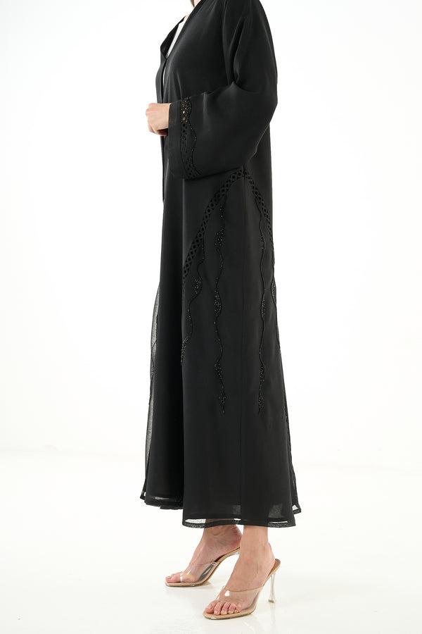 Black Sada Organza Custom Abaya with Lace Detail and Front Bead Embellishment