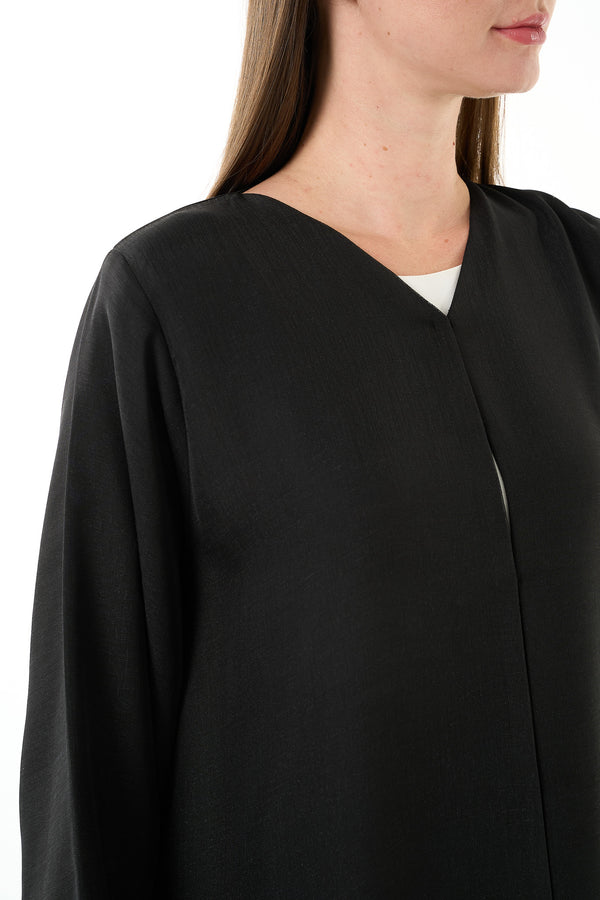 Black Sada Organza Custom Abaya with Lace Detail and Front Bead Embellishment