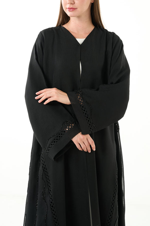 Black Sada Organza Custom Abaya with Lace Detail and Front Bead Embellishment