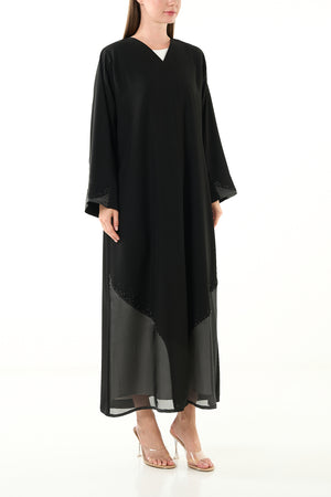 Black Aria Crepe Custom  Abaya with Organza Trim and Mixed Beadwork