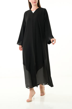 Black Aria Crepe Custom  Abaya with Organza Trim and Mixed Beadwork
