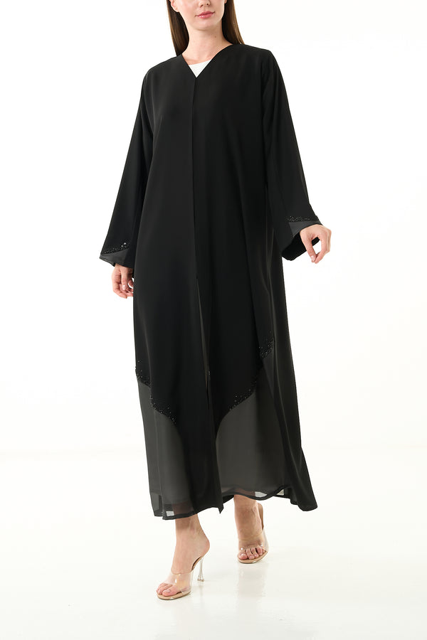 Black Aria Crepe Custom  Abaya with Organza Trim and Mixed Beadwork