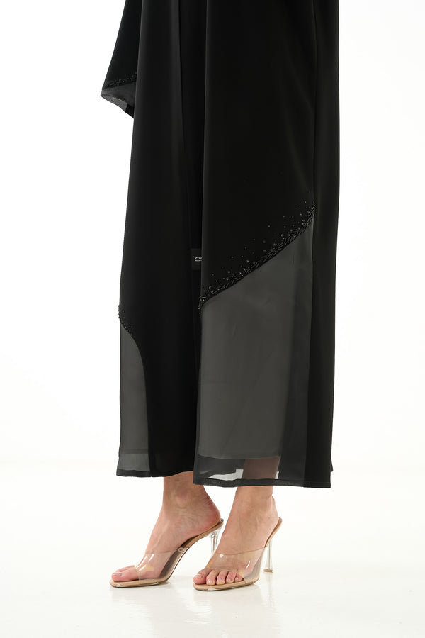 Black Aria Crepe Custom  Abaya with Organza Trim and Mixed Beadwork