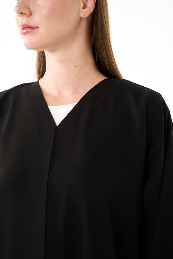 Black Aria Crepe Custom  Abaya with Organza Trim and Mixed Beadwork