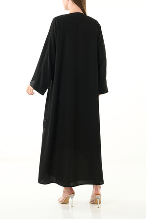 Black Aria Crepe Custom  Abaya with Organza Trim and Mixed Beadwork