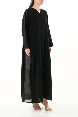 Black Jaime Crepe Custom Abaya with Organza Border and Crystal Bead Embellishment