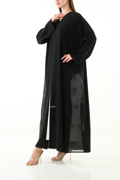 Black Jaime Crepe Custom Abaya with Organza Border and Crystal Bead Embellishment