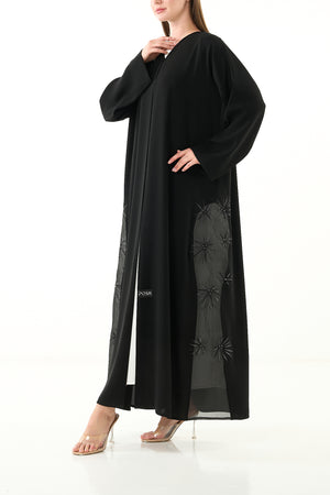 Black Jaime Crepe Custom Abaya with Organza Border and Crystal Bead Embellishment