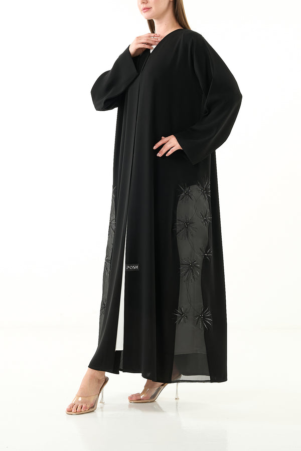 Black Jaime Crepe Custom Abaya with Organza Border and Crystal Bead Embellishment