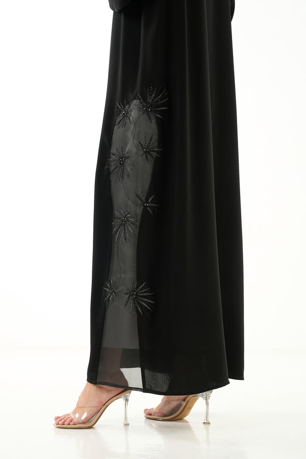 Black Jaime Crepe Custom Abaya with Organza Border and Crystal Bead Embellishment
