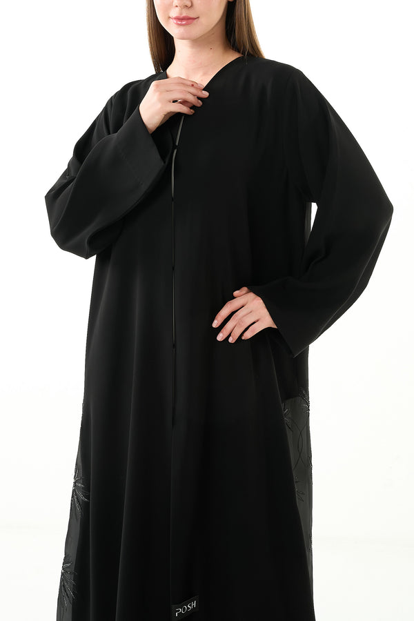 Black Jaime Crepe Custom Abaya with Organza Border and Crystal Bead Embellishment