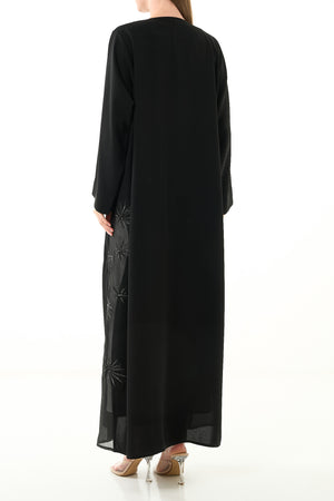 Black Jaime Crepe Custom Abaya with Organza Border and Crystal Bead Embellishment