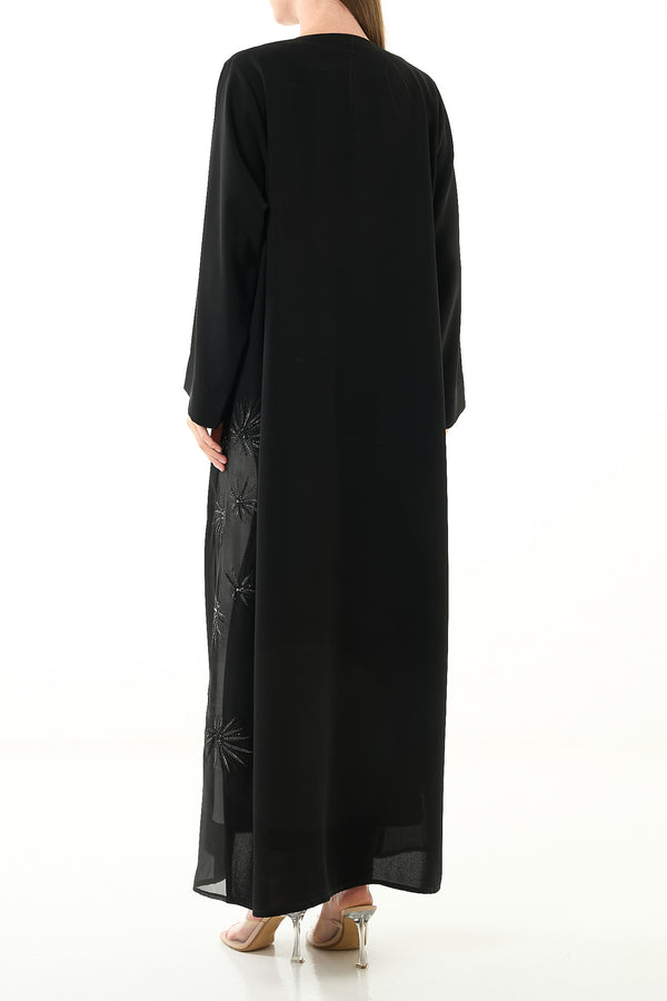 Black Jaime Crepe Custom Abaya with Organza Border and Crystal Bead Embellishment