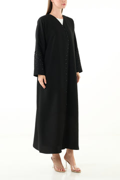 Black Melanie Crepe Custom Abaya with Front Beadwork