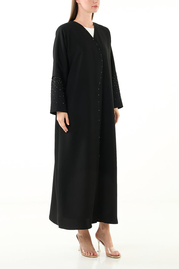 Black Melanie Crepe Custom Abaya with Front Beadwork