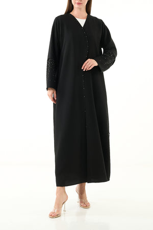 Black Melanie Crepe Custom Abaya with Front Beadwork