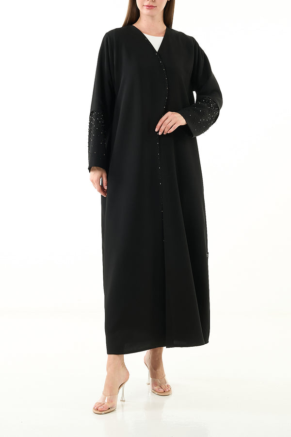 Black Melanie Crepe Custom Abaya with Front Beadwork